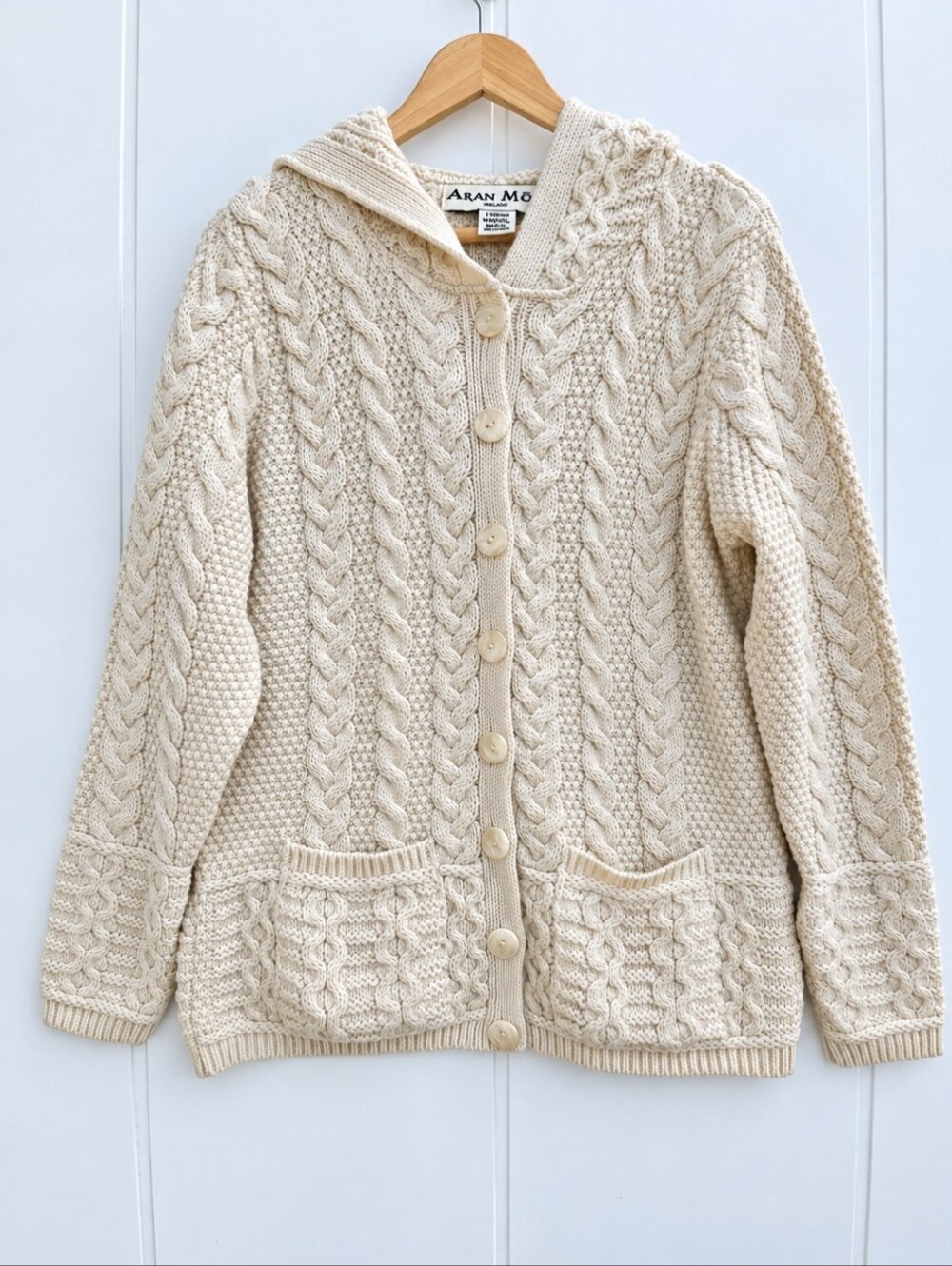Aran Mor Ireland Hooded Cable Knit Cardigan Coat Sweater Womens Large